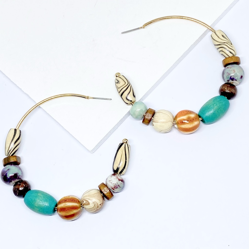 2/$20 Bohemian Multicolor Natural Wood Tribal Beaded Big Hoop Earrings